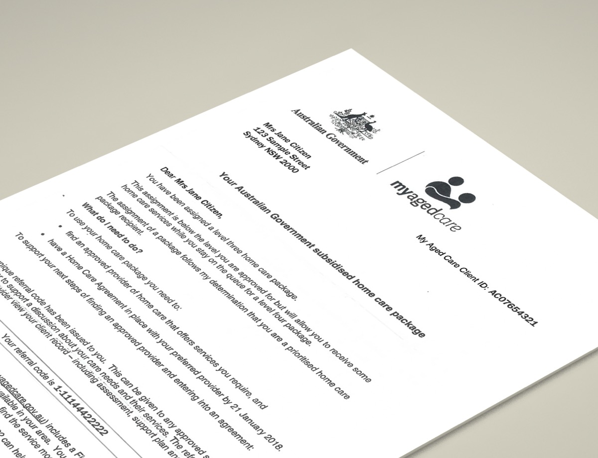 A home care package letter of assignment from My Aged Care