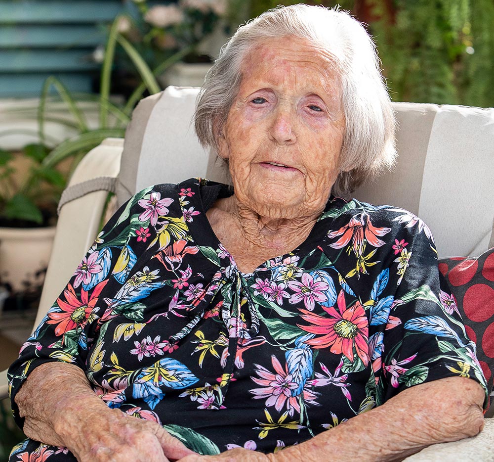 Kincare Customer Joyce smiling on her 101st birthday